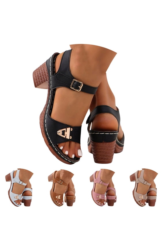 Women's Chunky Block Heeled Sandals Wide Widths Adjustable Ankle Strap Slip on Slides Leather Open Toe Summer Shoes Black 8.5