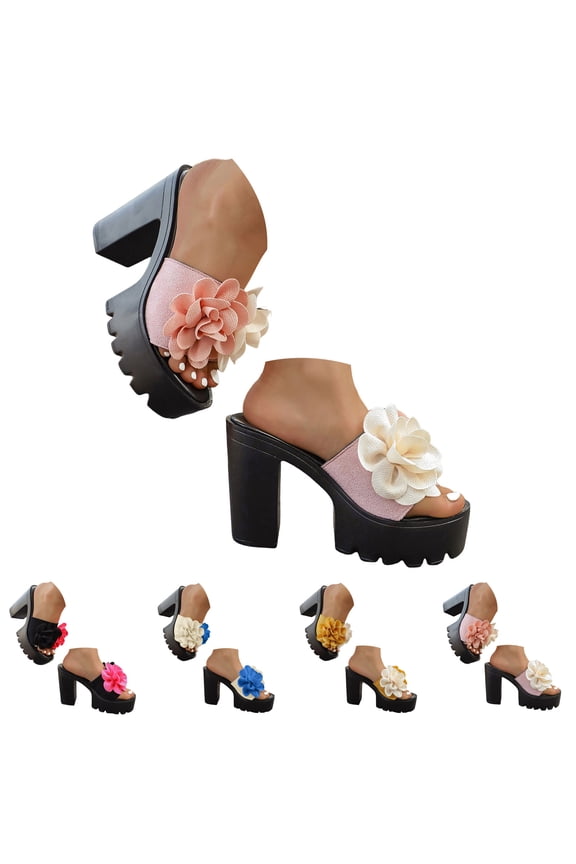Women's Chunky Heel Sandals Platform Slip on Flower Slides High Block Heeled Leather Footbed Dress Shoes for Vacation Blue Size 8