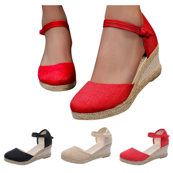 Modisza Women's Closed Toe Espadrilles Wedge Sandals Ankle Strap Platform Outdoor Walking Shoes Slip on Summer Casual Shoe Black 6.5-7