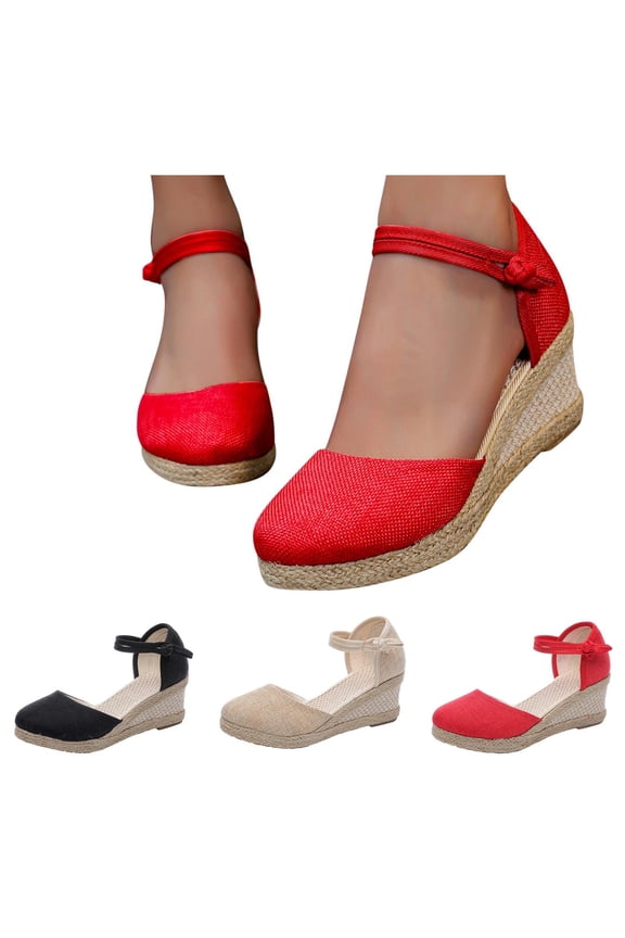 Women's Closed Toe Espadrilles Wedge Sandals Ankle Strap Platform Outdoor Walking Shoes Slip on Summer Casual Shoe Black 6.5-7