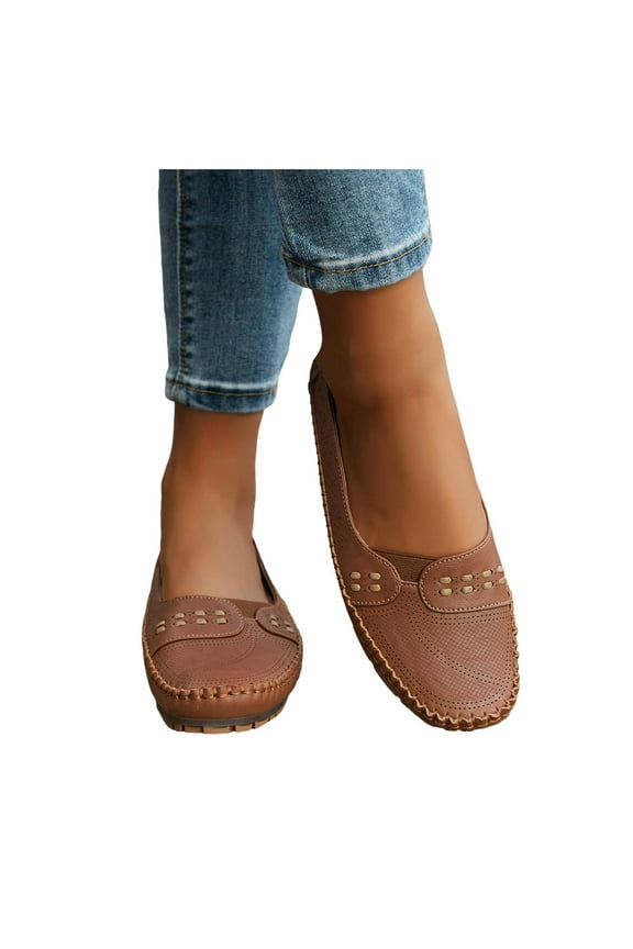 Women's Comfortable Leather Loafers Summer Breathable Walking Flat Shoes Retro Casual Work Outdoor Driving Shoe Brown 9.5