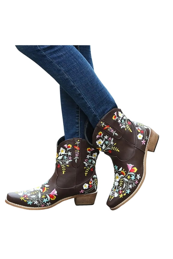 Women's Cowboy Cowgirl Boots Rhinestone Ankle Western Booties Chunky Heel Pull on Wide Calf Riding Dress Boot