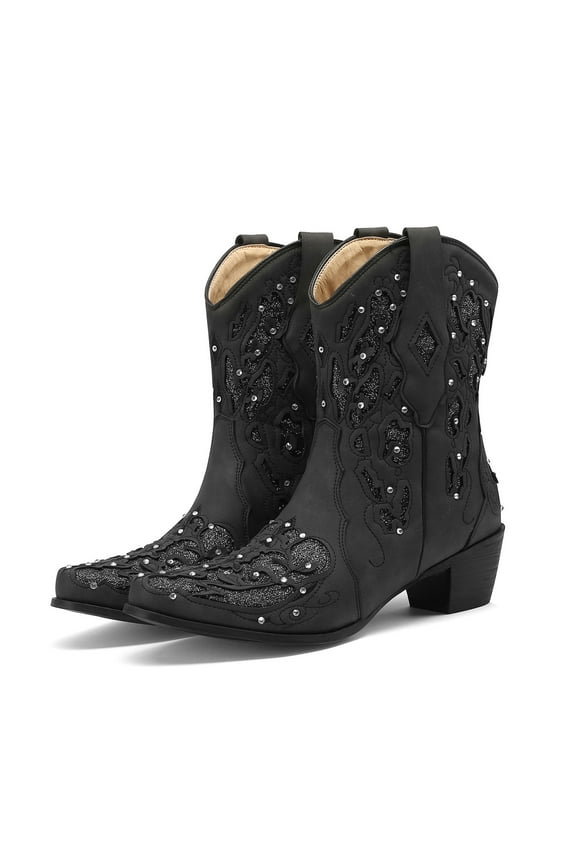 Women's Cowboy Cowgirl Boots Rhinestone Ankle Western Booties Chunky Heel Pull on Wide Calf Riding Dress Boot