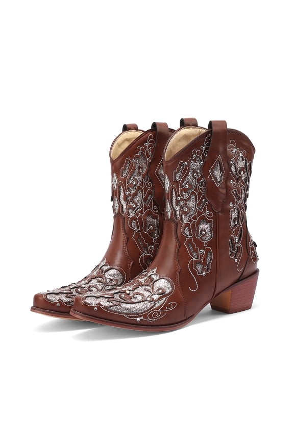 Women's Cowboy Cowgirl Boots Rhinestone Ankle Western Booties Chunky Heel Pull on Wide Calf Riding Dress Boot