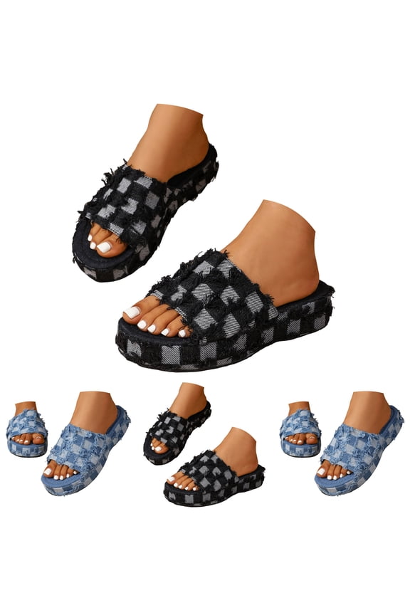 Women's Denim Cloth Platform Slides Washed Cotton Plaid Slip on Walking Sandals Wide Width Summer Arch Support Shoes Black Size 8.5