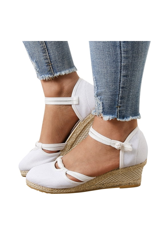 Women's Espadrilles Closed Toe Sandals Ankle Strap Dressy Platform Wedge Shoes Breathable Walking Low Block Heel Slides White 9