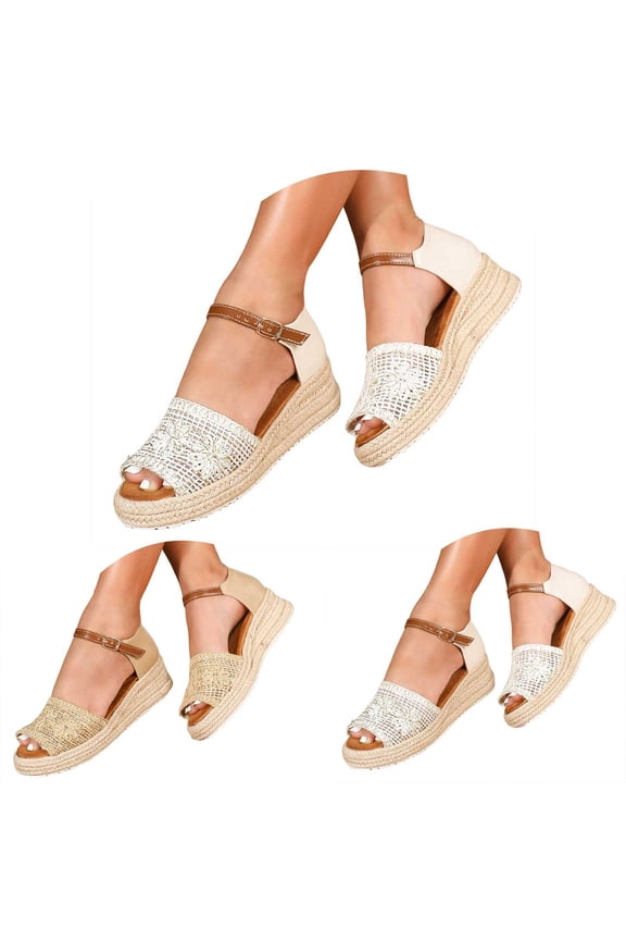 Women's Espadrilles Wedge Sandals Crocheted Flowers Beach Shoes Open Toe Low Wedges Buckles Dressy Summer Sandal Beige Size 9
