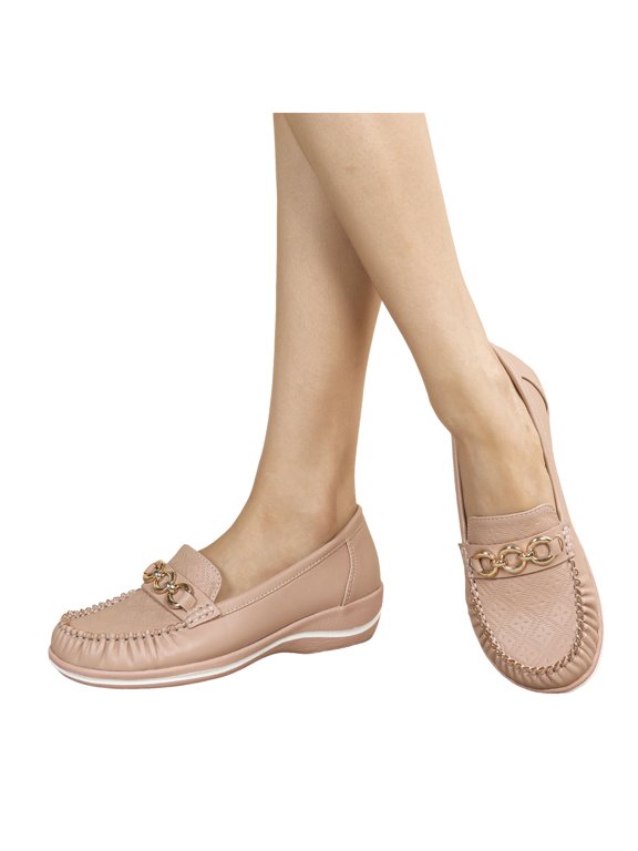 Women's Falt Shoes Slip on Leather Dressy Loafers Ladies Summer Work Travel Walking Shoe with Arch Support Pink Size 6.5
