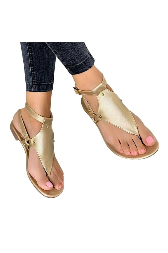 Women's Flat Sandals Dressy Summer Comfortable Ankle T Strap Beach Thong Sandal Ladies Casual Beach Walking Shoes Gold 6.5