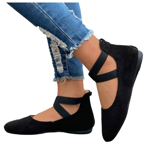Modisza Women's Flat Shoes Comfortable Elastic Ankle Straps Dressy Sandals Back Zipper Closed Toe Slip on Work Shoe Black 8.5