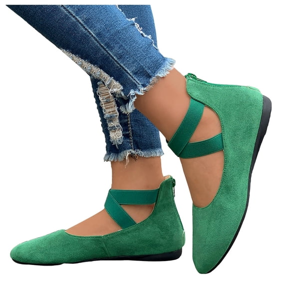 Modisza Women's Flat Shoes Comfortable Elastic Ankle Straps Dressy Sandals Back Zipper Closed Toe Slip on Work Shoe Green 7