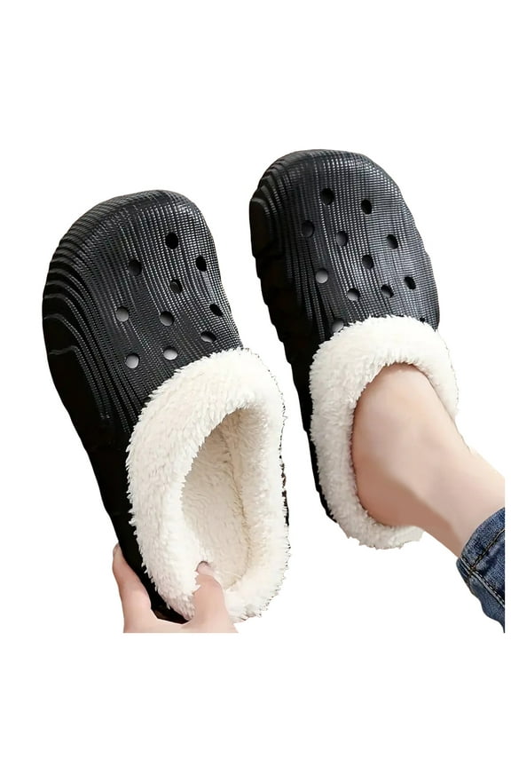 Women's Fleece Lined Clogs Winter Slip on Garden Shoes Fuzzy Plush Home House Slippers Indoor Outdoor Mules Black 8