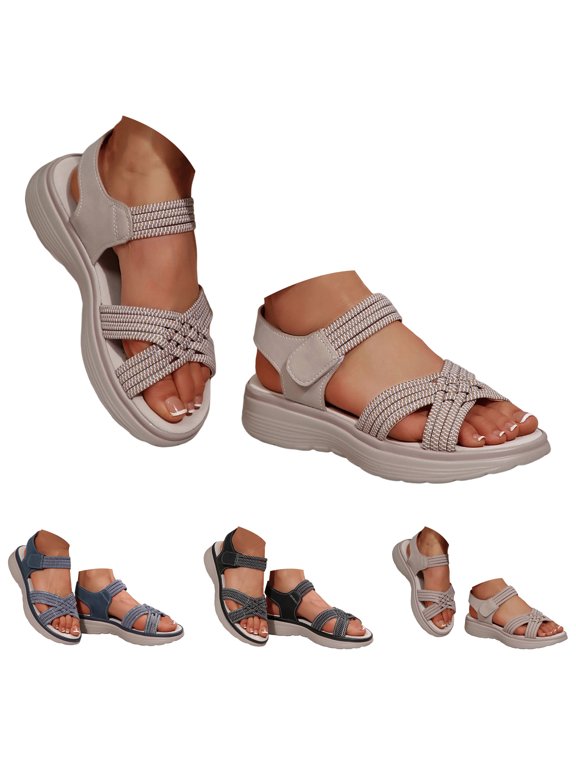 Women's Hking Flat Sandals Open Toe Low Wedge Walking Sandal Elastic Ankle Strap Outdoor Beach Shoes for Vacation Black Size 7