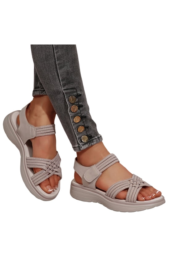 Women's Hking Flat Sandals Open Toe Low Wedge Walking Sandal Elastic Ankle Strap Outdoor Beach Shoes for Vacation Brown Size 8.5