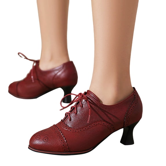 Modisza Women's Kitten Heels Oxfords Pumps Retro Lace Up Breathable Dressy Shoe Ladies Slip on Work Party Heel Sandals Red Size 11.5