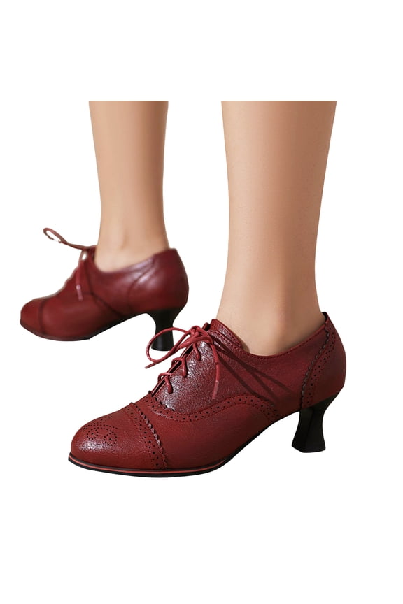 Women's Kitten Heels Oxfords Pumps Retro Lace Up Breathable Dressy Shoe Ladies Slip on Work Party Heel Sandals Red Size 12