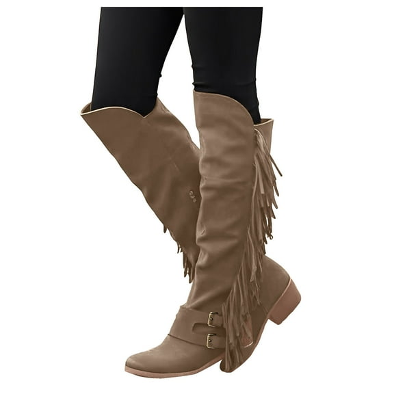 Modisza Women's Knee High Boots Fringe Cowgirl Cowboy Boots Pointed Toe Suede Tassel Western Fall Winter Riding Shoes Khaki 6
