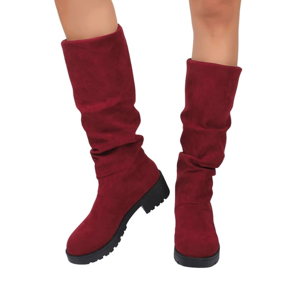 Modisza Women's Knee High Boots Suede Chunky Heel Slouch Boots Wide Calf Dress Winter Casual Riding Boot Wine 5.5