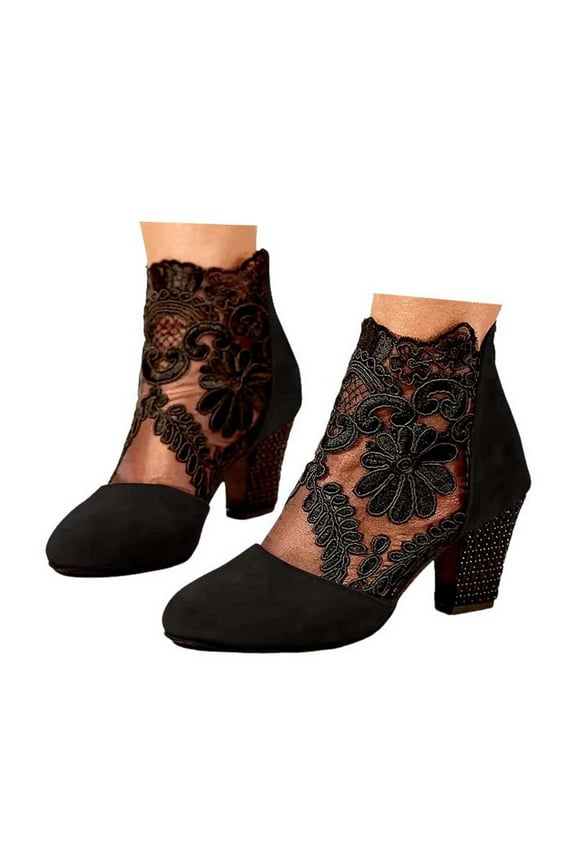 Women's Lace Dress Sandals Breathable Chunky Heel Ankle Booties Suede Round Toe Wedding Party Pumps Shoes Black 8