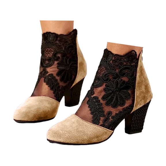 Modisza Women's Lace Dress Sandals Breathable Chunky Heel Ankle Booties Suede Round Toe Wedding Party Pumps Shoes Yellow 8