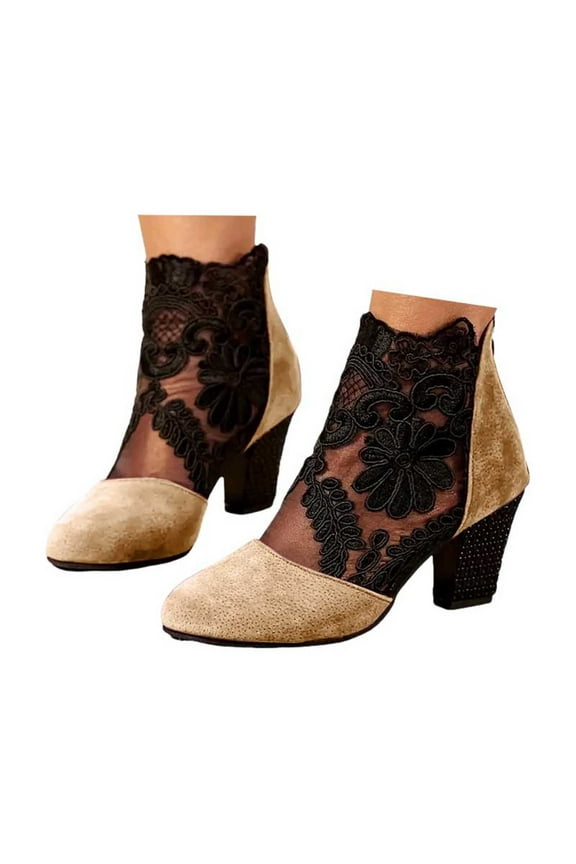 Women's Lace Dress Sandals Breathable Chunky Heel Ankle Booties Suede Round Toe Wedding Party Pumps Shoes Yellow 9