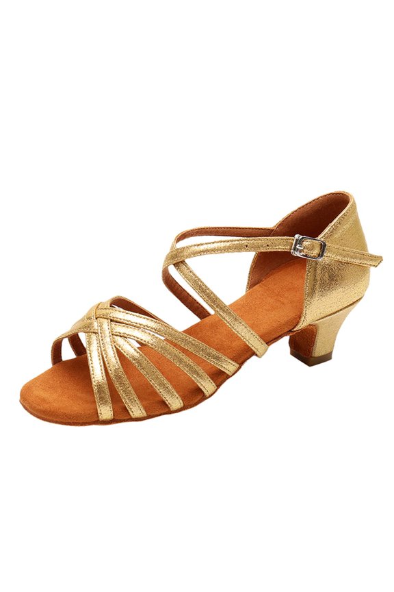 Women's Latin Dance Shoes Satin Ballroom Practice Performance Sandals Summer Low Block Heel Dress Walking Slides Gold 5.5