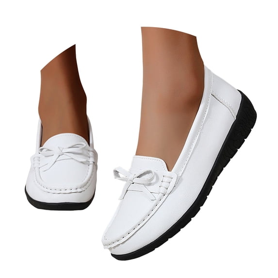 Modisza Women's Leather Loafers Slip on Wedge Shoes for Work Shopping Ladies Summer Comfortabel Walking Loafer White Size 7