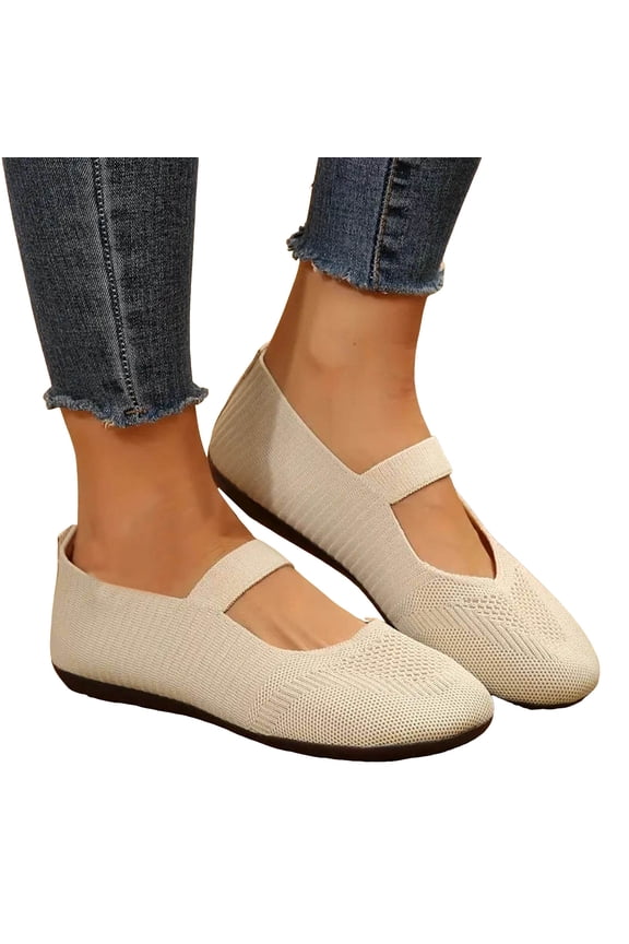 Women's Mary Jane Ballet Flat Shoes Dressy Knit Slide Sandals with Arch Support Ladies Strappy Comfortable Work Slides White 8.5