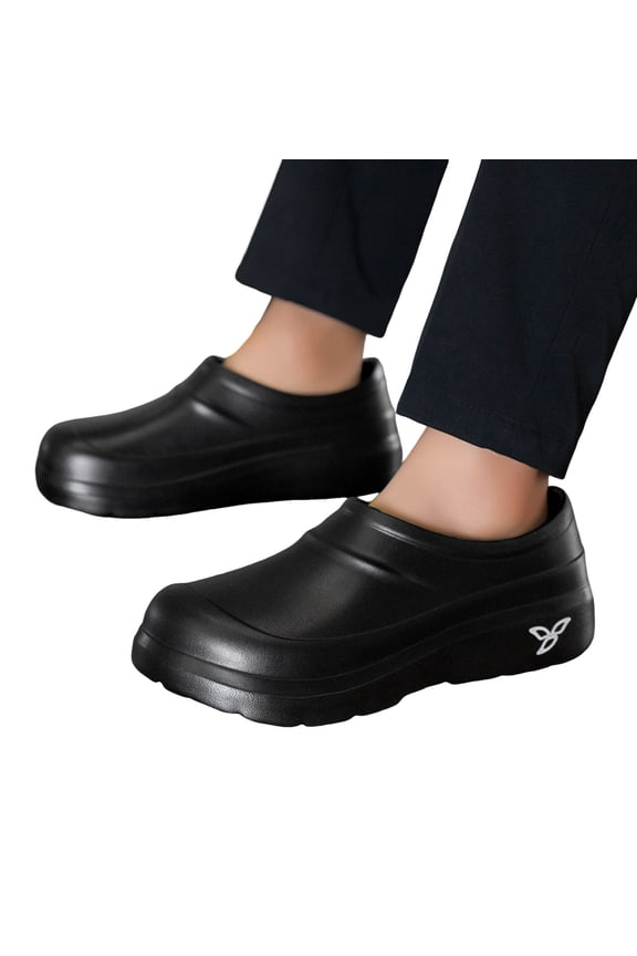 Women's Men's Clogs Slip on Work Shoes Water Proof Rubber Shoe Outdoor Garden Walking Clog Arch Support Round Toe Slides Black 10.5
