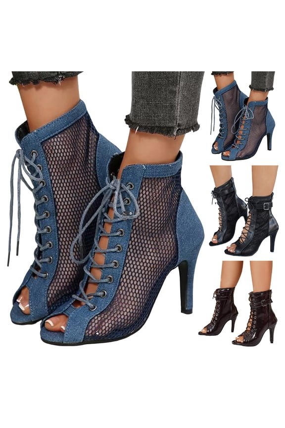 Women's Mesh Heels Sandals Open Toe High Heeled Pumps Trendy Lace Up Summer Boots Buckles Strap Party Stiletto Shoes Black size 7.5