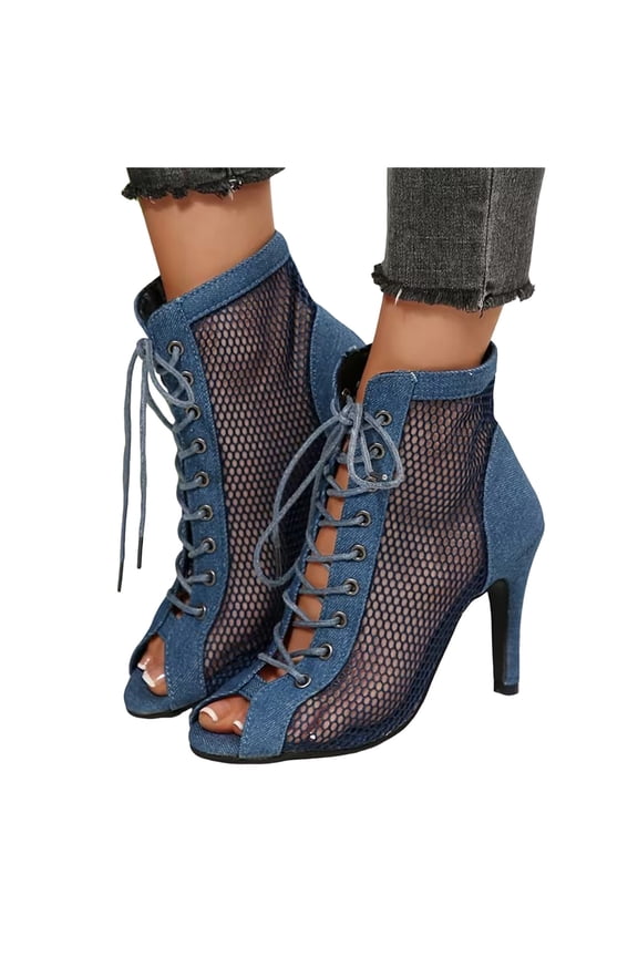Women's Mesh Heels Sandals Open Toe High Heeled Pumps Trendy Lace Up Summer Boots Buckles Strap Party Stiletto Shoes Blue size 7.5