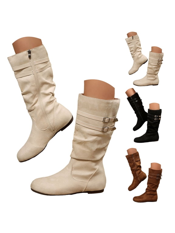 Women's Mid Calf Boots Slouchy Suede Comfortable Casual Boot Shoes Ladies Round Toe Tall Boots Fall Booties for Party Size 5.5