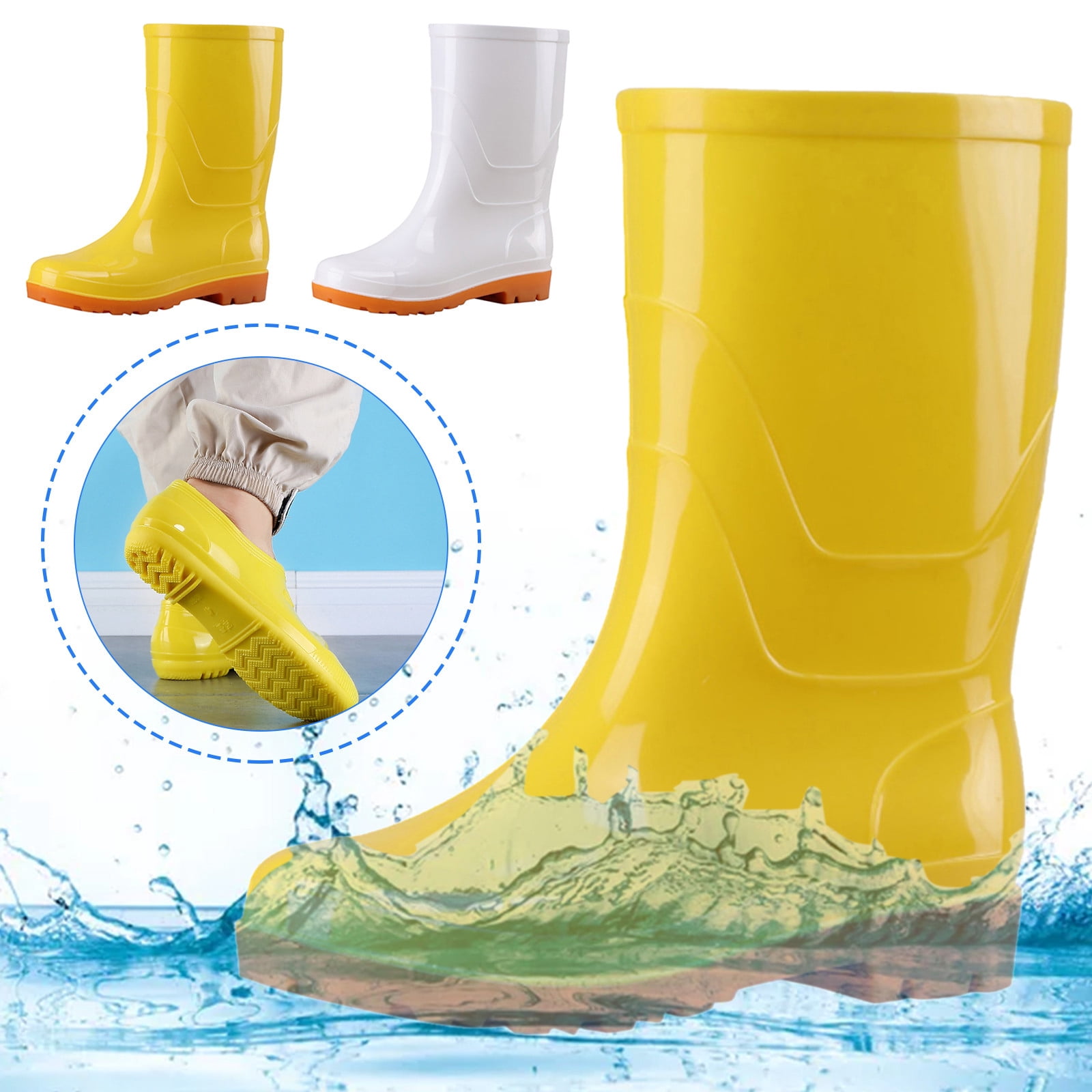 Modisza Women's Mid Calf Rain Boots Waterproof Slip on Garden Shoes Comfort Rubber Sole Chelsea Booties Rainboots White 11