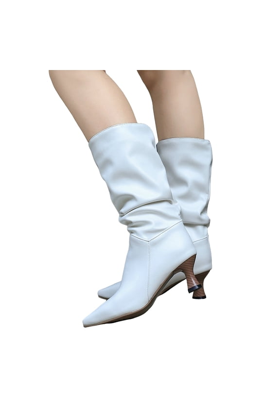 Women's Mid Calf Slouch Boots Leather Pointed Toe Kitten Heel Pull on Ruched Dress Boot Ladies Fall Party Daily Boots Size 5.5