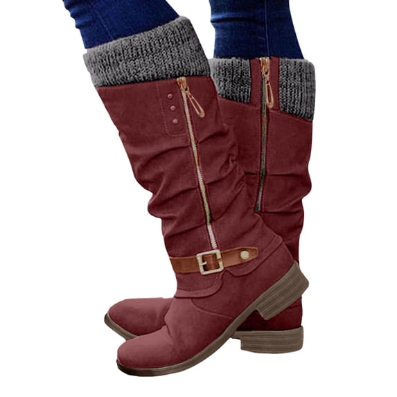 Modisza Women's Mid Calf Slouchy Leather Boots Wide Width Low Block Heel Tall Boot Side Zipper Winter Knitted Fold Over Boots Size 6-9.5