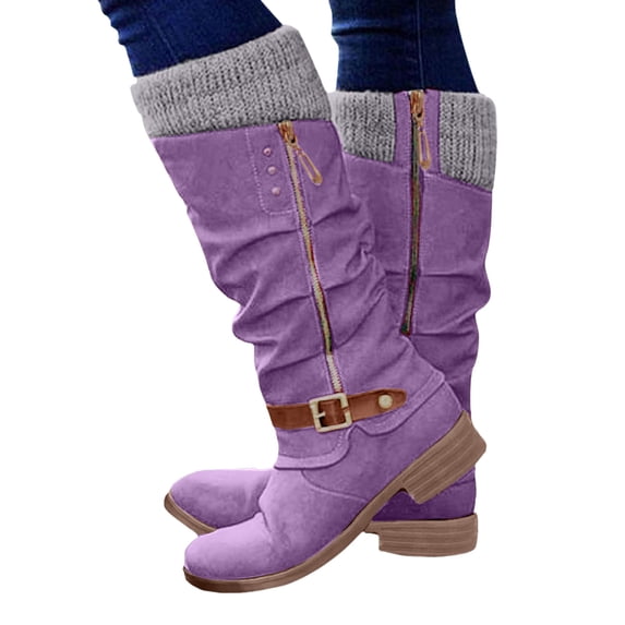 Modisza Women's Mid Calf Slouchy Leather Boots Wide Width Low Block Heel Tall Boot Side Zipper Winter Knitted Fold Over Boots Size 6-9.5