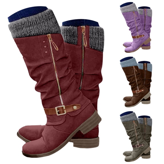 Modisza Women's Mid Calf Slouchy Leather Boots Wide Width Low Block Heel Tall Boot Side Zipper Winter Knitted Fold Over Boots Size 6-9.5