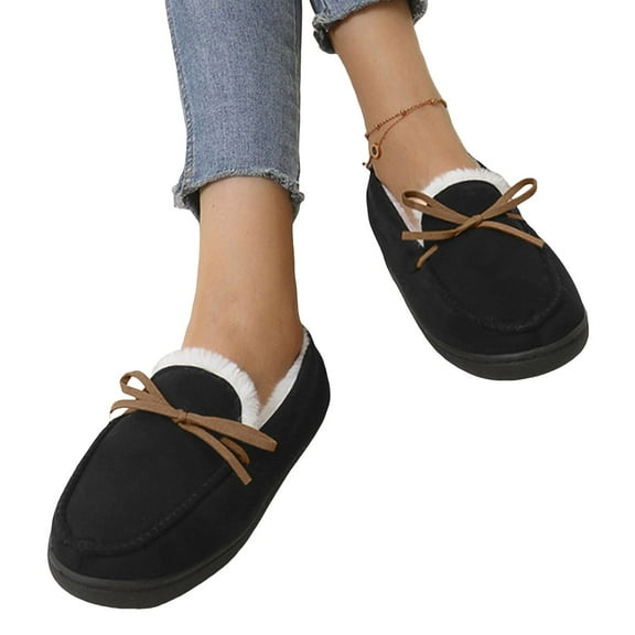 Modisza Women's Moccasin Slippers Fleece Lined Fuzzy Plush Slip on Loafers Suede Cotton Indoor Outdoor House Walking Shoes Black 5.5