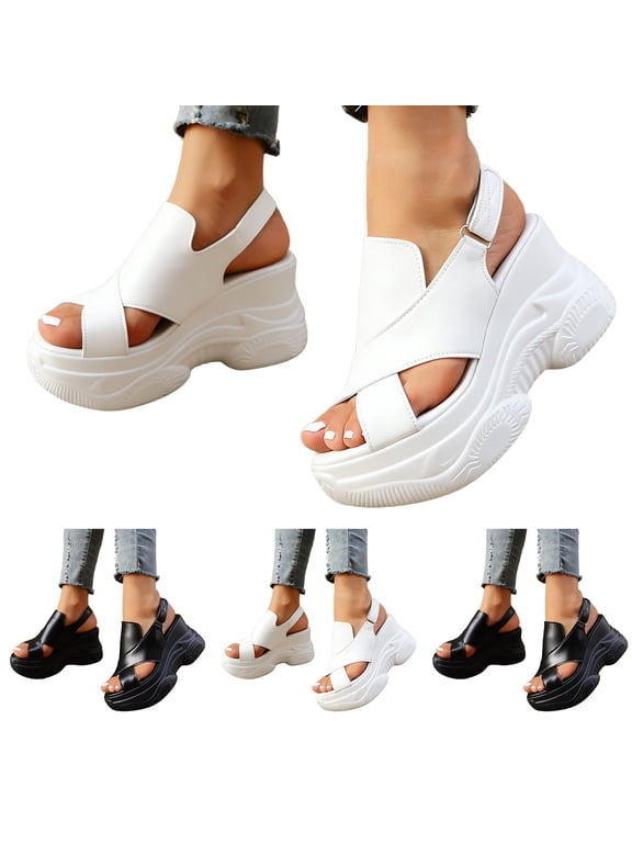 Women's Orthopedic Platform Wedge Sandals Chunky Wedges Leather Slingback Sandal Non Slip Open Toe Walking Shoes Black size 7