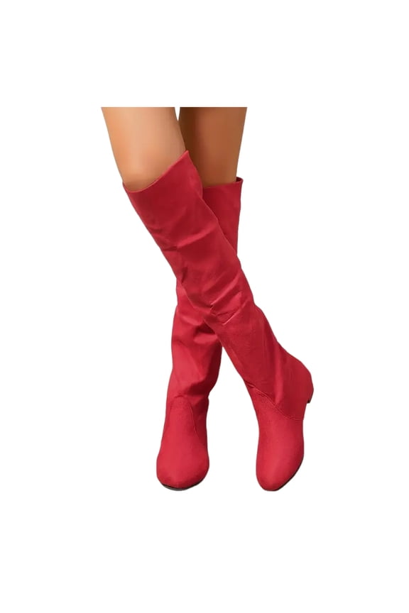 Women's Over The Knee Thigh High Boots Suede Chunky Heel Stretch Sexy Fall Boots Winter Dress Walking Long Boot Red 8