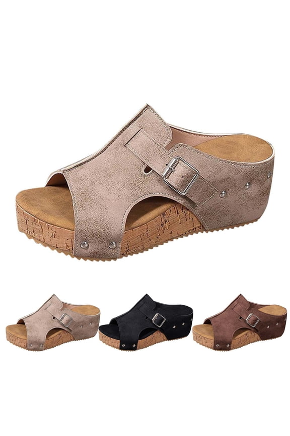 Women's Platform Wedge Sandals Comfortable Open Toe Cork Insole Dressy Summer Shoes Ladies Casual Outdoor Slip on Slides Black 6