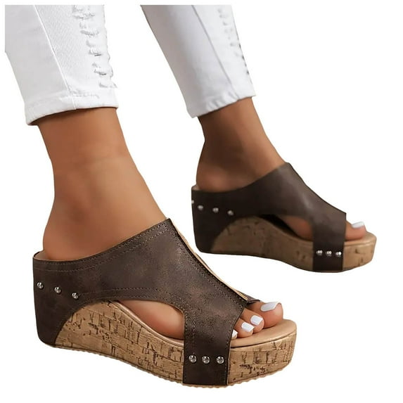 Modisza Women's Platform Wedge Sandals Dressy Summer Comfortable Open Toe Slip on Cork Wide Width Arch Support Slippers Brown 9
