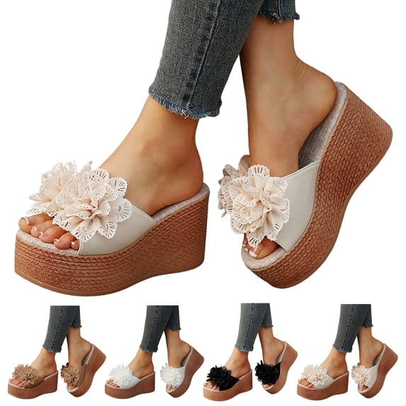 Modisza Women's Platform Wedge Sandals Flower Espadrilles Wide Width Comfortable Slide Shoes Lady Casual Dressy Summer Slipper Beige 6.5