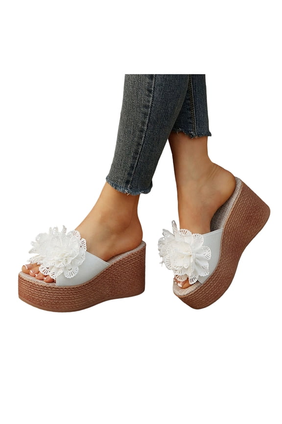 Women's Platform Wedge Sandals Flower Espadrilles Wide Width Comfortable Slide Shoes Lady Casual Dressy Summer Slipper White 8.5