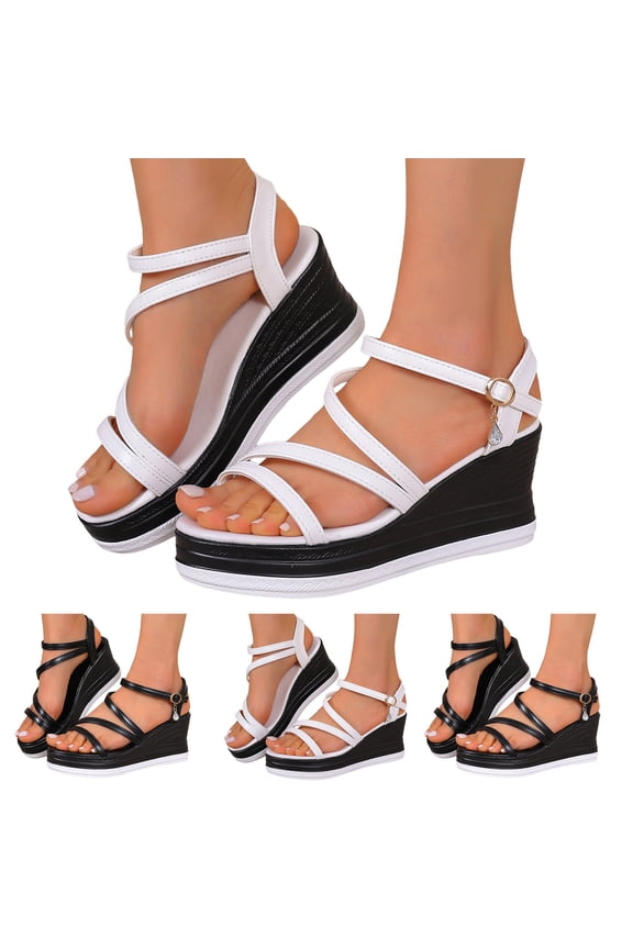 Women's Platform Wedge Sandlas Crooss Strappy Dressy Summer Slip on Slides Adjustable Ankle Strap Casual Beach Shoes Black 8.5