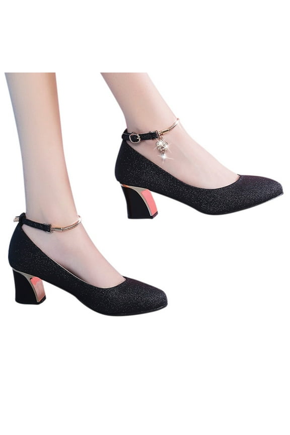 Women's Pumps Low Chunky Block Heel Dress Shoes Ankle Strap Closed Round Toe Shiny Work Heels for Wedding Party Black 5
