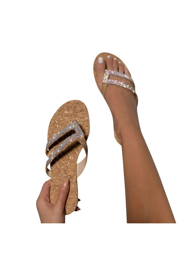 Women's Rhinestone Flip Flops with Arch Support Summer Beach Sandals Walking Thong Slip on Indoor Outdoor Slide Shoes Brown 8