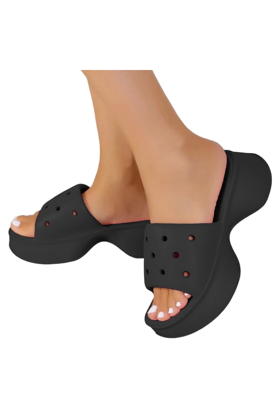 Women's Slides Platform Sandals with Arch Support Hollow Out Comfortable Slip on Summer Beach Slippers Travel Shoes Black Size 8
