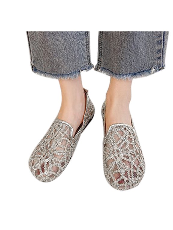 Women's Slip on Falt Shoes Summer Breathable Glitter Dressy Loafers Ladies Outdoor Travel Walking Clear Slide Shoe Silver Size 8