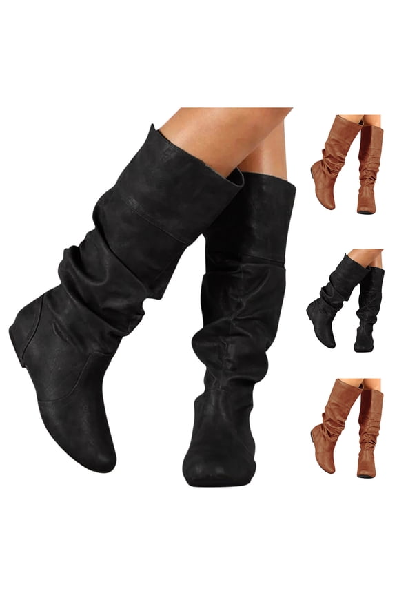 Women's Slouchy Knee High Boots Casual Wide Calf Pull on Flat Boot Ladies Round Toe Westerm Riding Fall Booties Black 7